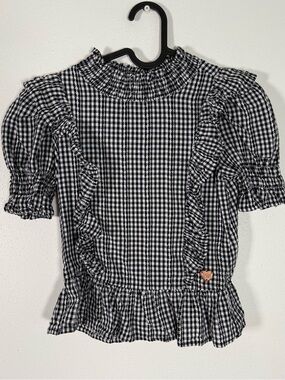 BCBG Girls Gingham Ruffle Smocked Puff Sleeve Peplum Top M Y2K Coquette